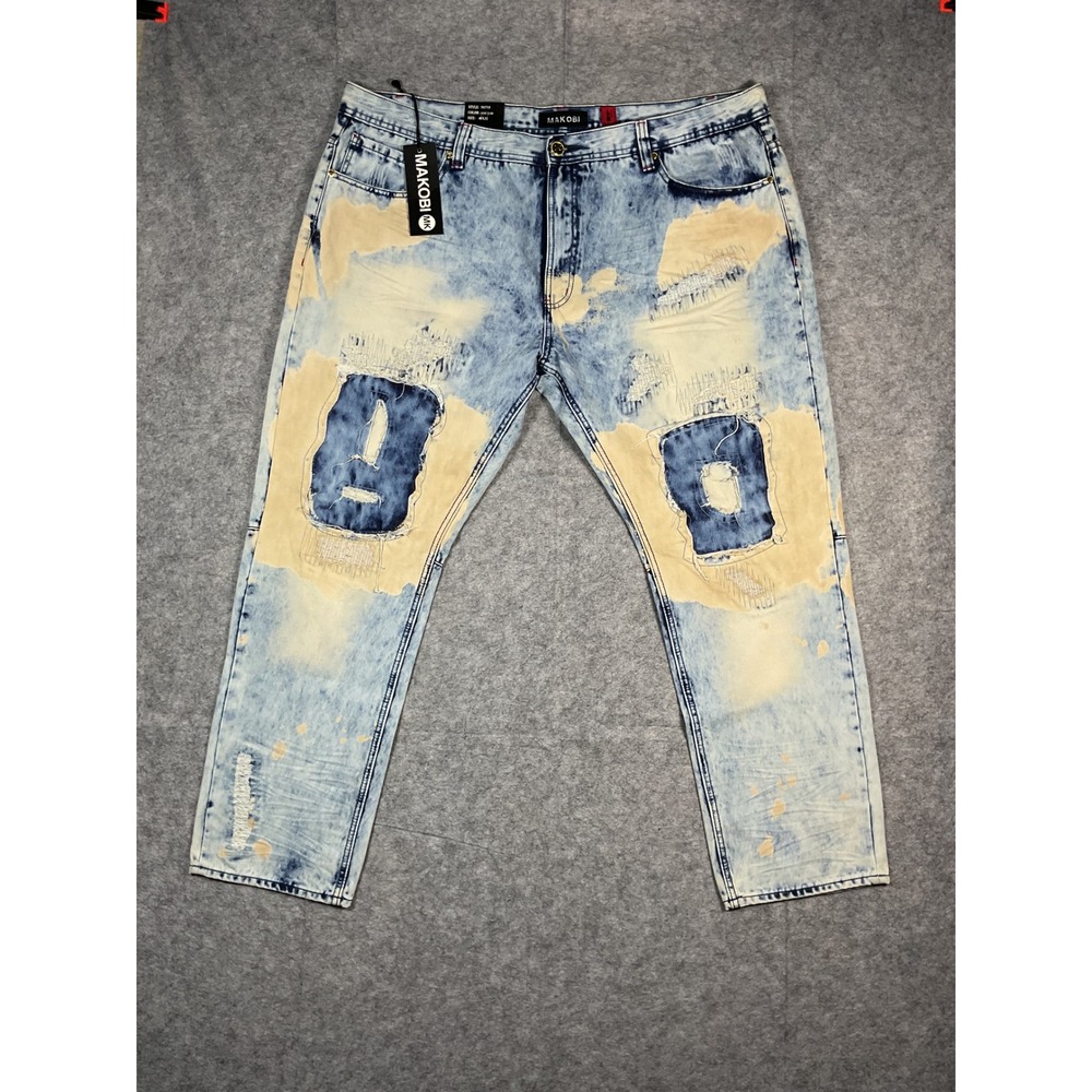 MAKOBl MK Mens Jeans 48x32 Light Wash Distressed Patched Denim Pants